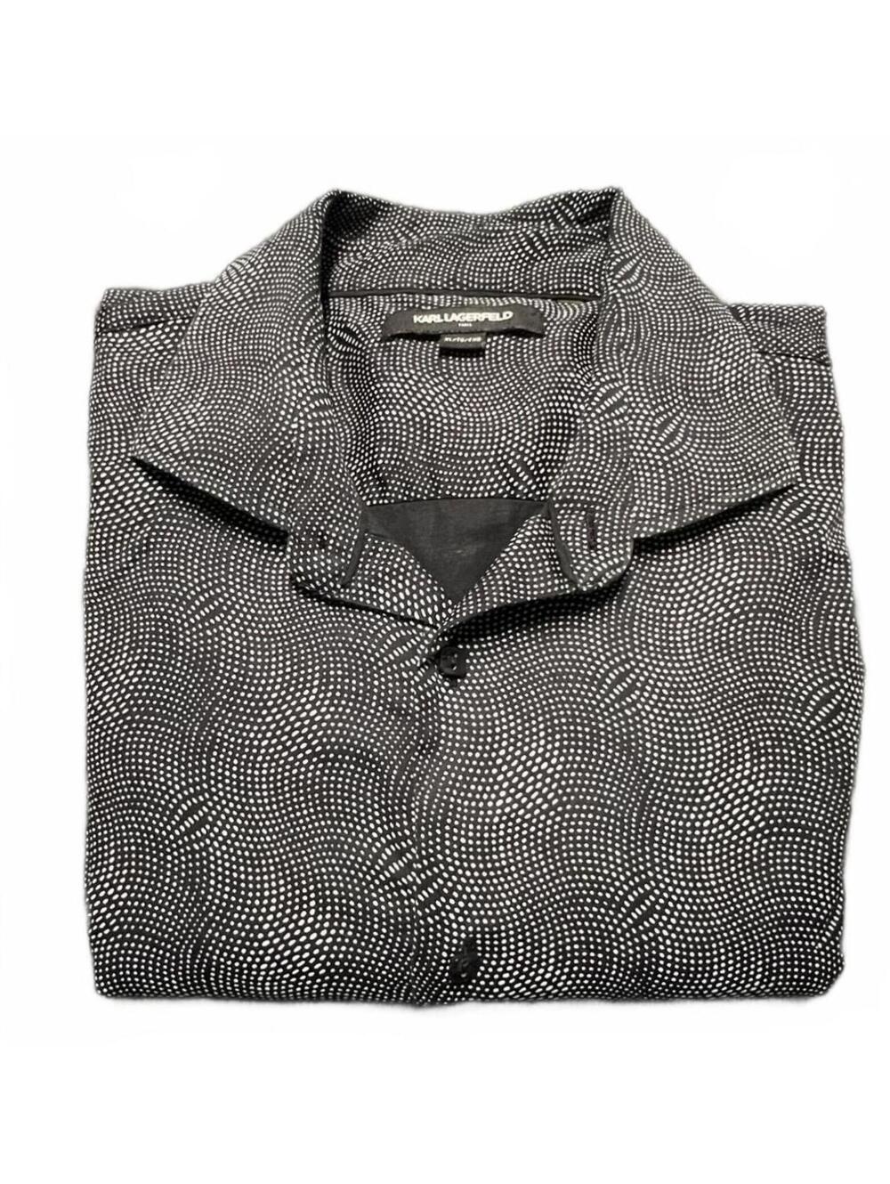 Karl Lagerfeld Paris Men Black White Optical Illusion Wavy Dot Dress Shirt XL